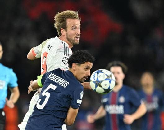 PSG v FC Bayern Munich - UEFA Champions League PARIS, FRANCE - NOVEMBER 04: Marquinhos of PSG in action against Harry Kane of FC Bayern Munichduring the of UEFA Champions League first round day 4 football match between Paris Saint-Germain and FC Bayern Munich at Parc des Princes in Paris, France on November 04, 2025. Mustafa Yalçin Anadolu Paris France. Editorial use only. Please get in touch for any other usage.  Copyright: x2025xAnadoluxMustafaxYalcÄ±nx