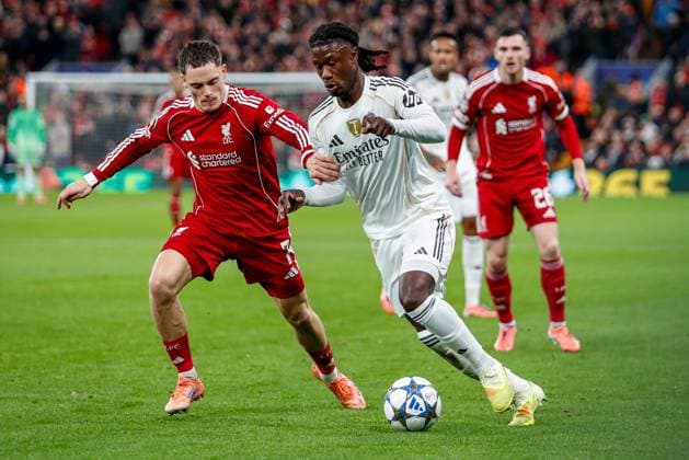 Liverpool v Real Madrid UEFA Champions League Florian Wirtz of Liverpool and Eduardo Camavinga of Real Madrid during the UEFA Champions League match at Anfield, Liverpool UK Newspapers OUT Copyright: xMaxxTomlinsonx FIL-22464-0068