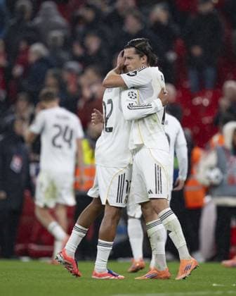 LIVERPOOL, ENGLAND - NOVEMBER 01: Trent Alexander-Arnold of Real Madrid and Álvaro Carreras of Real Madrid after the UEFA Champions League match between Liverpool and Real Madrid at Anfield on November 04, 2025 in Liverpool, England. (Photo by Will Palmer Agencia LOF SPP) Copyright: xWillxPalmer AgenciaxLOF SPPx Sportspressphoto_SPR56910