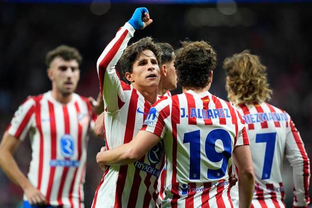 Atletico de Madrid s Julian Alvarez (c-r) and Giuliano Simeone celebrate goal during Champions League 2025 2026, Round 4 match. November 4 ,2025. (20251104824)