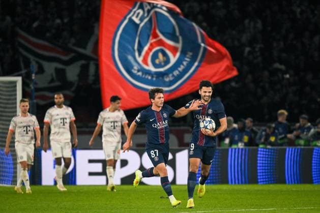 Champions League PSG vs FC Bayern Munich - FA Paris Saint-Germain’s midfielder Joao Neves scores a goal during the UEFA Champions League football match between Paris Saint-Germain and FC Bayern Munich at the Parc des Princes Stadium in Paris on November 4, 2025. Photo by Firas Abdullah ABACAPRESS.COM Paris Ile-de-France France  Copyright: xAbdullahxFiras ABACAx