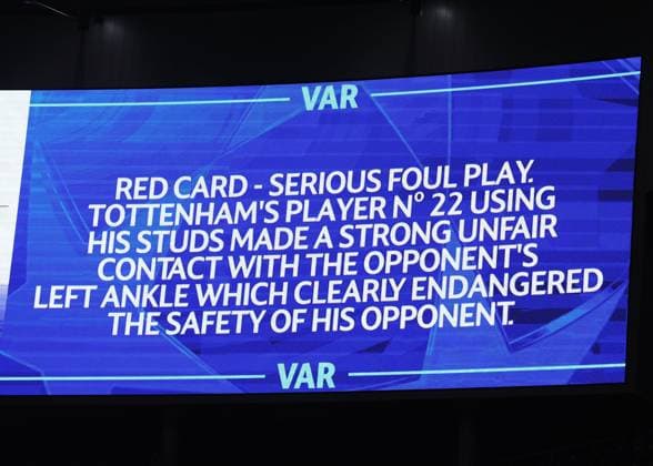 4th November 2025; Tottenham Hotspur Stadium, London, England; UEFA Champions League Football, Tottenham Hotspur versus FC Copenhagen; VAR explanation displayed on the giant screen as to why Brennan Johnson of Tottenham Hotspur received a red card from Referee Erik Lambrechts of Belgium  JohnxPatrickxFletcher