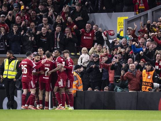 LIVERPOOL, ENGLAND - NOVEMBER 01: Alexis Mac Allister of Liverpool celebrates after scoring a goal during the UEFA Champions League match between Liverpool and Real Madrid at Anfield on November 04, 2025 in Liverpool, England. (Photo by Ricardo Nogueira Sports Press Photo) Copyright: xRicardoxNogueira SportsxPressxPhx Sportspressphoto_SPR56944