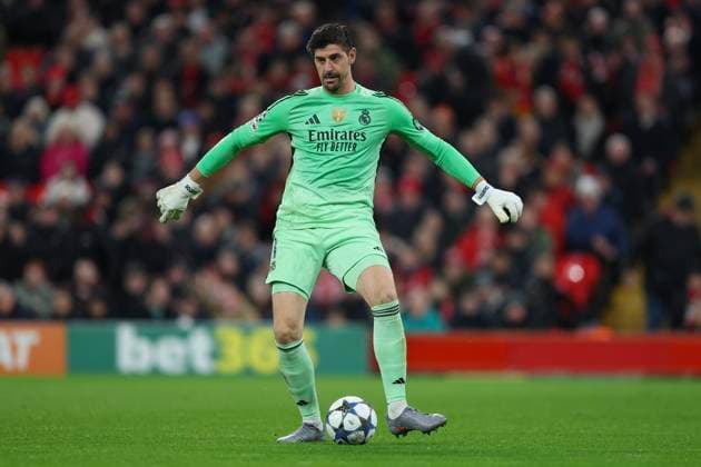Liverpool, England, 4th November 2025. Thibaut Courtois of Real Madrid during the Liverpool vs Real Madrid UEFA Champions League match at Anfield, Liverpool. Picture credit should read: James Baylis Sportimage EDITORIAL USE ONLY. No use with unauthorised audio, video, data, fixture lists, club league logos or live services. Online in-match use limited to 120 images, no video emulation. No use in betting, games or single club league player publications. SPI_130_JB_LIVERPOOL_REAL_MADRID SPI-4264-0129