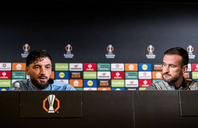 251105 Sead Haksabanovic and Head coach Anes Mravac during a UEFA Europa League press conference with Malmö FF on November 5, 2025 in Malmö Photo Petter Arvidson BILDBYRAN kod PA PA1106 fotboll football soccer fotball uefa europa league europa league presskonferens press conference malmö ff bbeng  Copyright: PETTERxARVIDSON BB251105PA062