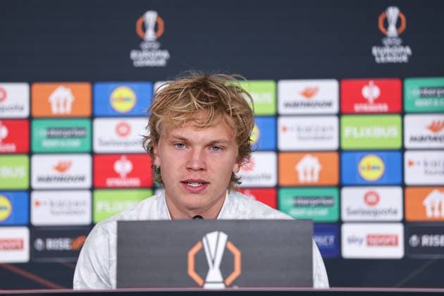 SOCCER - UEFA EL, RBS vs Deventer SALZBURG,AUSTRIA,05.NOV.25 - SOCCER - UEFA Europa League, Red Bull Salzburg vs Go Ahead Eagles Deventer, preview, press conference, PK, Pressekonferenz RBS. Image shows Frans Kraetzig (RBS).  GEPAxpictures xDavidxGeieregger