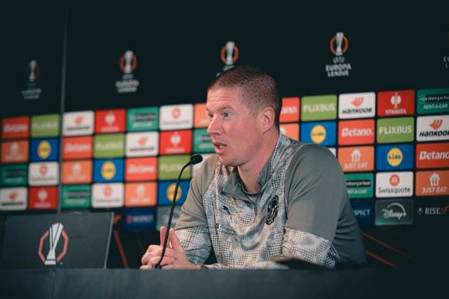 FC Midtjylland press conference, PK, Pressekonferenz - Europa League Herning, Denmark - November 5: Head coahc Mike Tullberg and Kevin Mbabu during FC Midtjylland press conference ahead of the match against Glasgow Celtic in UEFA Europa League at MCH Arena Herning MCH Arena Denmark Copyright: xDANIELxSTENTZx