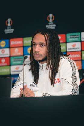 FC Midtjylland press conference, PK, Pressekonferenz - Europa League Herning, Denmark - November 5: Head coahc Mike Tullberg and Kevin Mbabu during FC Midtjylland press conference ahead of the match against Glasgow Celtic in UEFA Europa League at MCH Arena Herning MCH Arena Denmark Copyright: xDANIELxSTENTZx