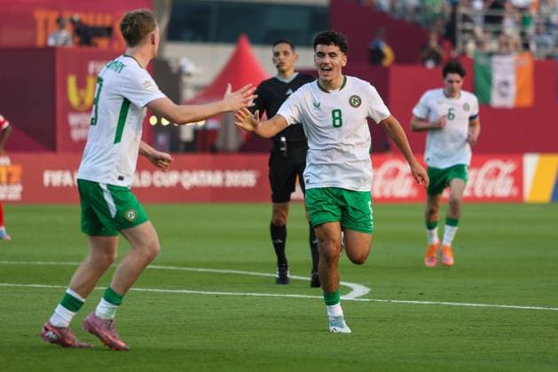 2025 FIFA Under 17 World Cup Group J, Aspire Zone Pitch 3, Doha, Qatar 5 11 2025 Panama vs Republic of Ireland Ireland s Kian McMahon-Brown celebrates with Michael Noonan after he scores his sides 2nd goal of the match Kian McMahon-Brown celebrates with Michael Noonan after he scores his sides 2nd goal of the match 5 11 2025  Copyright: x INPHOx IMG_5402