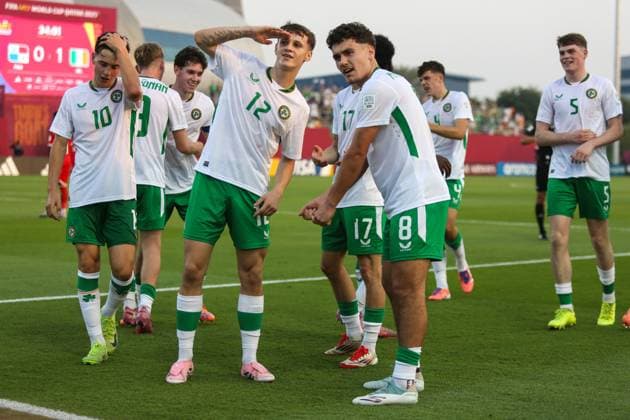 2025 FIFA Under 17 World Cup Group J, Aspire Zone Pitch 3, Doha, Qatar 5 11 2025 Panama vs Republic of Ireland Ireland s Kian McMahon-Brown celebrates with Ryan Butler after he scores his sides 2nd goal of the match Kian McMahon-Brown celebrates with Ryan Butler after he scores his sides 2nd goal of the match 5 11 2025  Copyright: x INPHOx IMG_5418