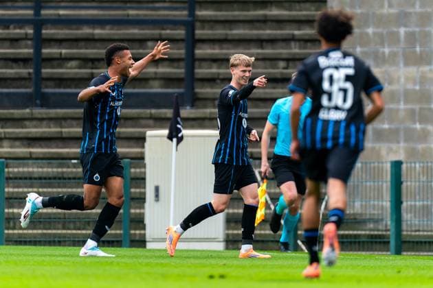 2025-11-05 Club Brugge KV v FC Barcelona, Barca - UEFA Youth League 2025 26 ROESELARE, BELGIUM - NOVEMBER 5: Tobias Lund Jensen of Club Brugge celebrates after scoring the team s first goal during the UEFA Youth League 2025 26 match between Club Brugge KV and FC Barcelona at The NEST on November 5, 2025 in Roeselare, Belgium. Roeselare The NEST Belgium Content not available for redistribution in The Netherlands directly or indirectly through any third parties. Copyright: xJorisxVerwijstx