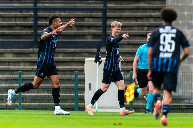 2025-11-05 Club Brugge KV v FC Barcelona, Barca - UEFA Youth League 2025 26 ROESELARE, BELGIUM - NOVEMBER 5: Tobias Lund Jensen of Club Brugge celebrates after scoring the team s first goal during the UEFA Youth League 2025 26 match between Club Brugge KV and FC Barcelona at The NEST on November 5, 2025 in Roeselare, Belgium. Roeselare The NEST Belgium Content not available for redistribution in The Netherlands directly or indirectly through any third parties. Copyright: xJorisxVerwijstx