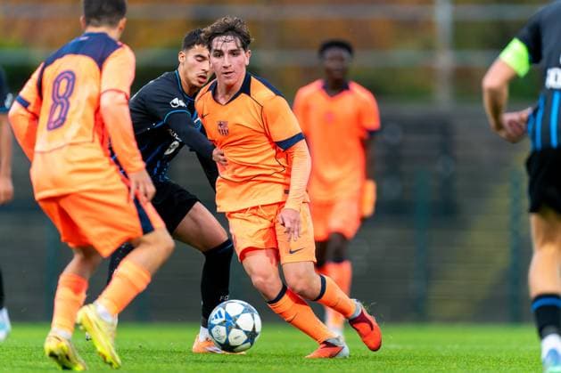 2025-11-05 Club Brugge KV v FC Barcelona, Barca - UEFA Youth League 2025 26 ROESELARE, BELGIUM - NOVEMBER 5: Naim Amengai of Club Brugge battles for the ball with Pedro Rodriguez of FC Barcelona during the UEFA Youth League 2025 26 match between Club Brugge KV and FC Barcelona at The NEST on November 5, 2025 in Roeselare, Belgium. Roeselare The NEST Belgium Content not available for redistribution in The Netherlands directly or indirectly through any third parties. Copyright: xJorisxVerwijstx