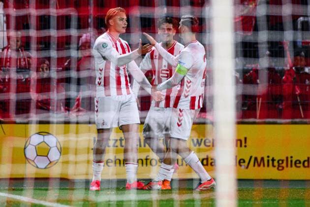 COLOGNE, GERMANY - 5 NOVEMBER, 2025: Fynn Schenten, goal - The football match of UEFA Youth League 1.FC Koeln vs Racing FC Union at Franz Kremer Stadium.  Copyright: xVITALIIxKLIUIEVx
