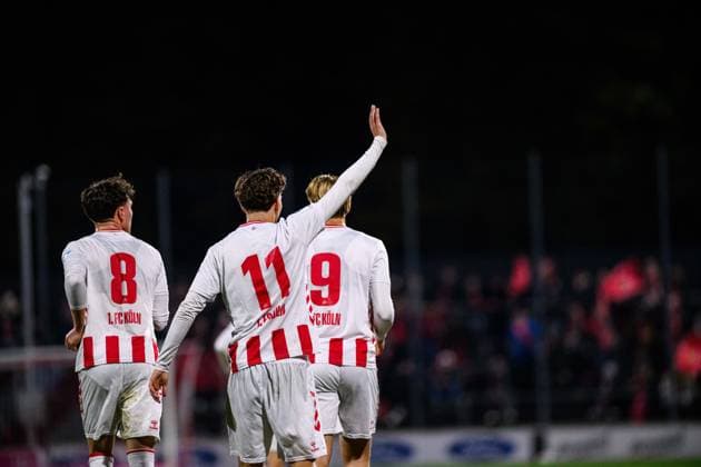 COLOGNE, GERMANY - 5 NOVEMBER, 2025: Nick Zimmermann, Fynn Schenten, Alessandro Puzzo, goal - The football match of UEFA Youth League 1.FC Koeln vs Racing FC Union at Franz Kremer Stadium.  Copyright: xVITALIIxKLIUIEVx