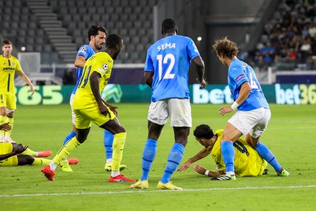 UEFA Champions League : Pafos vs Villarreal GEORGES MIKAUTADZE of Villarreal is on the ground among DAVID LUIZ of Pafos, KEN SEMA of Pafos and NICOLAS PEPE of Villarreal. Pafos plays against Villarreal for the matchday 4 of the League Phase of the UEFA Champions League competition, Limassol, Cyprus, on Nov. 5, 2025. Limassol Cyprus Copyright: xKOSTASxPIKOULASx