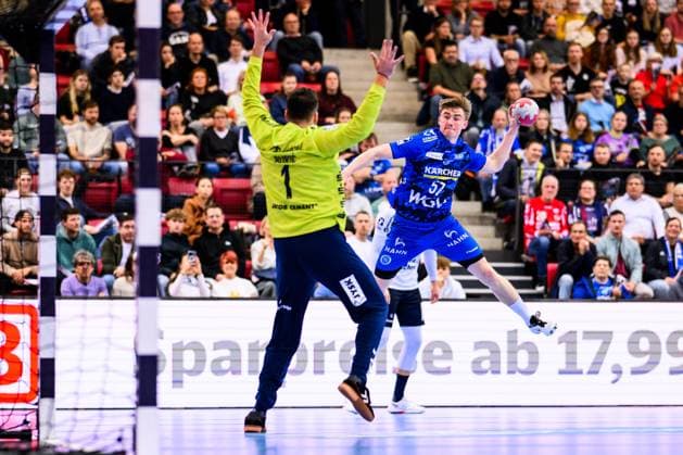 TVB Stuttgart SG Flensburg Handewitt Handball DHB Cup, Men, Season 2025 2026, TVB Stuttgart SG Flensburg Handewitt, Scharrena Stuttgart Jakob Nigg in action Stuttgart Scharrena Baden Württemberg Germany