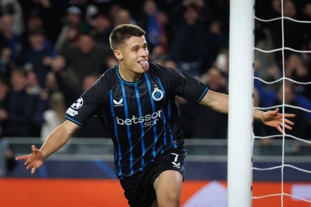 Club s Nicolo Tresoldi celebrates after scoring during a game between Belgian Club Brugge KV and Spanish FC Barcelona, Barca on Wednesday 05 November 2025 in Brugge, on day four of the League phase of the UEFA Champions League tournament. KURTxDESPLENTER  x139323815x