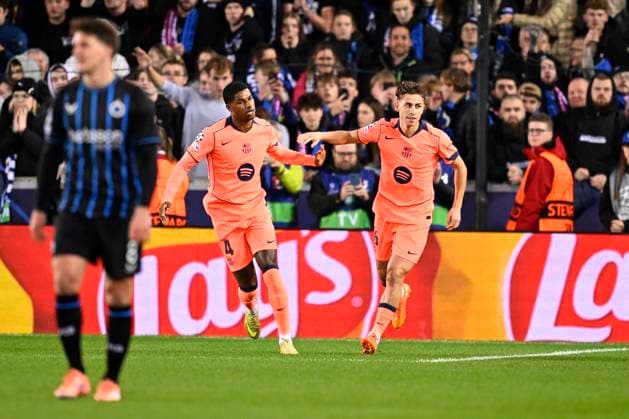 Club Brugge v Barcelona - UEFA Champions League BRUGGE, BELGIUM - NOVEMBER 05 : Araujo Ronald defender of Barcelona, Torres Ferran forward of Barcelona celebrating scoring a goal (1-1) during the UEFA Champions League 2025 26 League Phase MD4 match between Club Brugge and Barcelona on November 5, 2025 in Brugge, Belgium, 05 11 2025 Brugge Belgium  Copyright: xTomasxSiskx