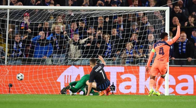 Brugge, Belgium, 5th November 2025. Nicolo Tresoldi of Club Brugge scores the opening goal during the Club Brugge vs FC Barcelona, Barca UEFA Champions League match at Jan Breydel Stadium, Brugge. Picture credit should read: Paul Terry Sportimage EDITORIAL USE ONLY. No use with unauthorised audio, video, data, fixture lists, club league logos or live services. Online in-match use limited to 120 images, no video emulation. No use in betting, games or single club league player publications. SPI_007_PT_Brugge_Barcelona SPI-4266-0007