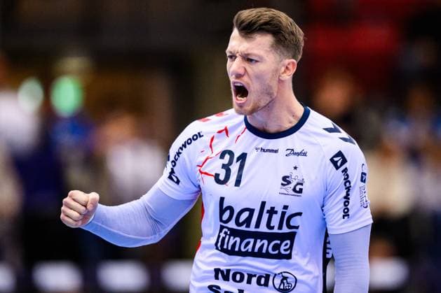 TVB Stuttgart - SG Flensburg-Handewitt Handball: DHB-Pokal, Herren, Saison 2025 2026, TVB Stuttgart - SG Flensburg-Handewitt, Scharrena. Flensburgs Emil Jakobsen jubelt. Stuttgart Scharrena Baden-Württemberg Deutschland