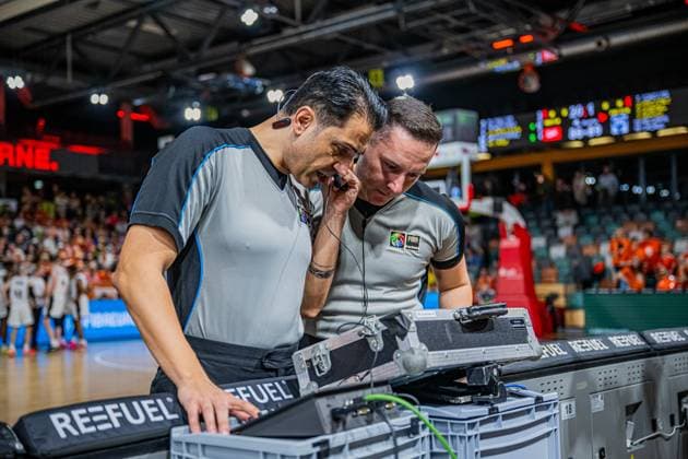Basketball FIBA Europe Cup, Season 2025 2026, Men, Main Round, Group Stage, Matchday 4, 05 11 2025, RASTA Vechta CS Valcea 1924 The referees during the match Vechta RASTA Dome Lower Saxony Germany