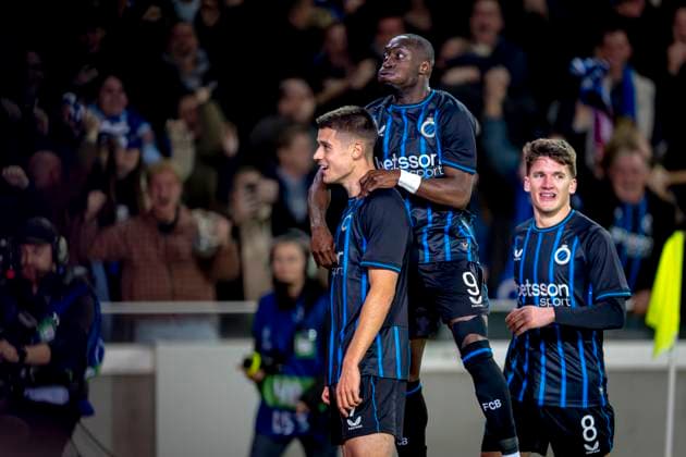 Club Brugge forwarder Nicolo Tresoldi, Club Brugge forwarder Carlo Forbs celebrating the goal during the match Club Brugge vs FC Barcelona, Barca at the Jan Breydelstadion for the Champions League - League phase - Matchday 4 season 2025-2026 in BRUGES, Belgium on 5 november 2025, (photo by Marcel van Dorst EYE4images DeFodi Images) Club Brugge forwarder Nicolo Tresoldi, Club Brugge forwarder Carlo Forbs celebrating the goal during the match Club Brugge vs FC Barcelona at the Jan Breydelstadion for the Champions League phase Matchday 4 season 2025 2026 in BRUGES, Belgium on 5 november 2025, photo by Marcel van Dorst EYE4images DeFodi Images