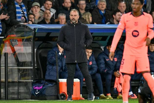 251105 Club Brugge vs FC Barcelona, Barca Head Coach Hansi Flick of Barcelona pictured during the Uefa Champions League 4th matchday in the League phase game in season 2025 - 2026 between Club Brugge KV and FC Barcelona on November 5 , 2025 in Brugge, Belgium. (Photo by David Catry Isosport) Brugge Belgium  Copyright: xDavidxCatryx 20251105DC2_9055