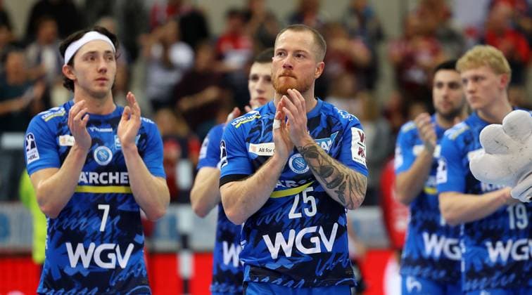 BAU 05 11 2025 Stuttgart Handball TVB Stuttgart vs SG Flensburg Handewitt, f l Kasper Thorsen Lien, Patrick Zieker TVB disappointed
