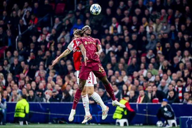 Victor Osimhen of Galatasaray and Youri Baas of AFC Ajax compete for the headed ball AFC Ajax v Galatasaray A.S., UEFA Champions League 2025 26 League Phase MD4, AFC Ajax v Galatasaray A.S., Johan Cruijff ArenA, November 5, 2025, Amsterdam, Netherlands.
