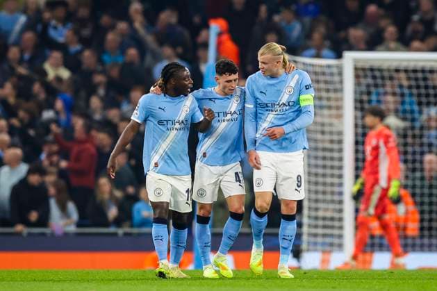 Manchester City v Borussia Dortmund, UEFA Champions League Manchester City forward Erling Haaland (9) scores a GOAL 2-0 and celebrates with Manchester City midfielder Phil Foden (47) and Manchester City midfielder JÃ rÃ my Doku (11) during the Manchester City v Borussia Dortmund UEFA Champions League Round 1 League Stage match at the Etihad Stadium, Manchester, England on 5 November 2025 Credit: Phil Duncan Every Second Media Editorial use only. All images are copyright Every Second Media Limited. No images may be reproduced without prior permission. Copyright: xIMAGO EveryxSecondxMediax ESM-1655-0053 PhilxDuncanx xEveryxSecondxMediax