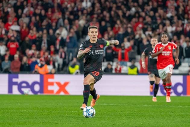 Alejandro Grimaldo Bayer Leverkusen, 20 , POR, Benfica Lisbon vs Bayer 04 Leverkusen, Football, UEFA Champions League, Matchday 4, 2025 2026 season, 05 11 2025, POR, Benfica Lisbon vs Bayer 04 Leverkusen, Football, UEFA Champions League, Matchday 4, 2025 2026 season, 05 11 2025, Lisbon Copyright: xEibner-Pressefoto EdwardxCheungx EP_ECG
