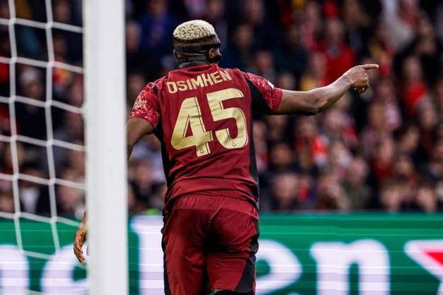 2025-11-05 Ajax v Galatasaray AS - UEFA Champions League 2025 26 League Phase MD4 AMSTERDAM, NETHERLANDS - NOVEMBER 5: Victor Osimhen of Galatasaray AS celebrates the goal during the UEFA Champions League 2025 26 League Phase MD4 match between Ajax and Galatasaray AS at Johan Cruijff ArenA on November 5, 2025 in Amsterdam, Netherlands. Amsterdam Johan Cruijff ArenA Netherlands Content not available for redistribution in The Netherlands directly or indirectly through any third parties. Copyright: xBroerxvanxdenxBoomx
