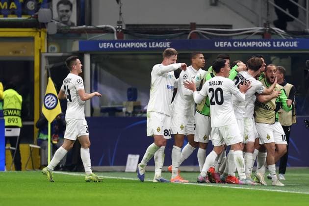 Ofri Arad (FC Kairat Almaty) celebrates after scoring his team s first goal with team mates, UEFA Champions League 2025 26 League Phase MD4, FC Internazionale Milano v FC Kairat Almaty, Stadio Giuseppe Meazza (San Siro), November 5, 2025, Milan, Italy.