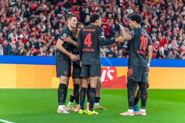 Bayer 04 Leverkusens Juel after taking the lead, with Patrik Schick Bayer Leverkusen, 14 , Jarell Quansah Bayer Leverkusen, 04 , Malik Tillmann Bayer Leverkusen, 10 , POR, Benfica Lisbon vs Bayer 04 Leverkusen, Football, UEFA Champions League, Matchday 4, 2025 2026 season, 05 11 2025, POR, Benfica Lisbon vs Bayer 04 Leverkusen, Football, UEFA Champions League, Matchday 4, 2025 2026 season, 05 11 2025, Lisbon Copyright: xEibner-Pressefoto EdwardxCheungx EP_ECG