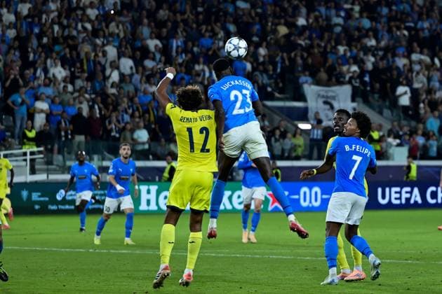 November 5, 2025, Limassol, Limassol, Cyprus: DERRICK LUKCASSEN (23) of Pafos and REANATO VEIGA (12) of Villareal in action during the UEFA Champions League phase matchday 4 game beetwen Pafos FC and Villareal FC at Alphamega Stadium in Limassol,Cyprus on 05 of November r 2025 Limassol Cyprus - ZUMAk195 20251105_znp_k195_019 Copyright: xXenophonxKarakalosx