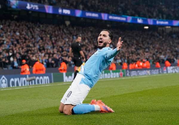Manchester, England, 5th November 2025. Rayan Cherki of Manchester City celebrates scoring their fourth goal during the Manchester City vs Borussia Dortmund UEFA Champions League match at the Etihad Stadium, Manchester. Picture credit should read: Andrew Yates Sportimage EDITORIAL USE ONLY. No use with unauthorised audio, video, data, fixture lists, club league logos or live services. Online in-match use limited to 120 images, no video emulation. No use in betting, games or single club league player publications. SPI_057_AY_Man_City_Dortmund SPI-4268-0115