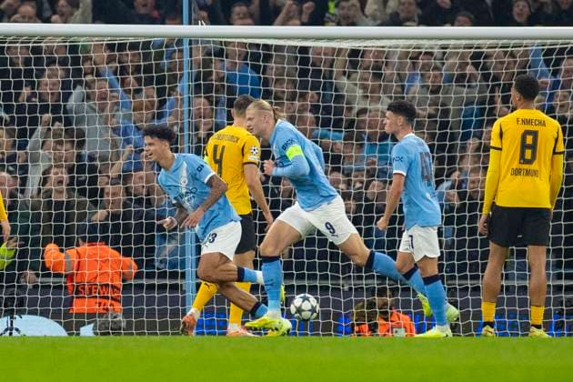 Manchester City v Borussia Dortmund - UEFA Champions League 2025 26 League Phase MD4 Erling Haaland 9 of Manchester City F.C. celebrates his goal during the UEFA Champions League League Stage match between Manchester City and Ballspielverein Borussia 09 e.V. Dortmund at the Etihad Stadium in Manchester, on November 5, 2025. Manchester Manchester United, ManU Kingdom  Copyright: xMIxNewsx originalFilename:fletcher-manchest251105_npAjd.jpg