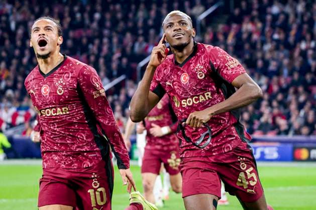 Victor Osimhen of Galatasaray celebrate their team s second goal with Leroy Sane of Galatasaray AFC Ajax v Galatasaray A.S., UEFA Champions League 2025 26 League Phase MD4, AFC Ajax v Galatasaray A.S., Johan Cruijff ArenA, November 5, 2025, Amsterdam, Netherlands.