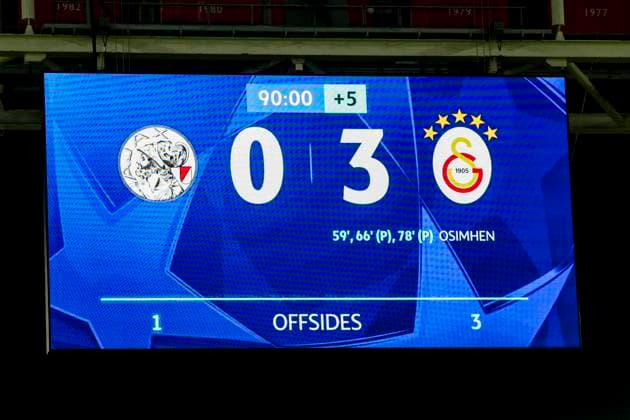 score board end result 3-0 AFC Ajax v Galatasaray A.S., UEFA Champions League 2025 26 League Phase MD4, AFC Ajax v Galatasaray A.S., Johan Cruijff ArenA, November 5, 2025, Amsterdam, Netherlands.