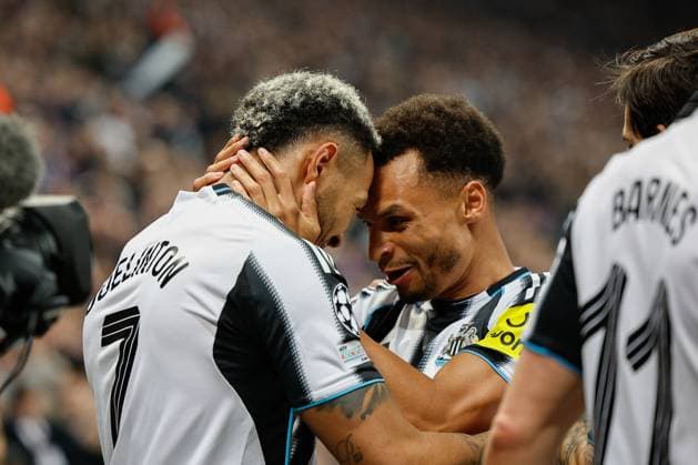 5th November 2025; St James Park, Newcastle, England; UEFA Champions League Football, Newcastle United versus Athletic Bilbao; Joelinton and Jacob Murphy of Newcastle United celebrate the goal in the 49th minute for 2-0  CraigxCowan