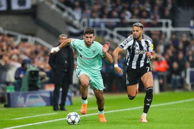 Newcastle United v Athletic Club, UEFA Champions League Joelinton Of Newcastle United battles with Jesus Areso Of Athletic Club during the Newcastle United v Athletic Club UEFA Champions League Round 1 match at St. James Park, Newcastle Upon Tyne, England on 5 November 2025 Credit: Lee Keuneke Every Second Media Editorial use only. All images are copyright Every Second Media Limited. No images may be reproduced without prior permission. Copyright: xIMAGO EveryxSecondxMediax ESM-1656-0109 LeexKeunekex xEveryxSecondxMediax