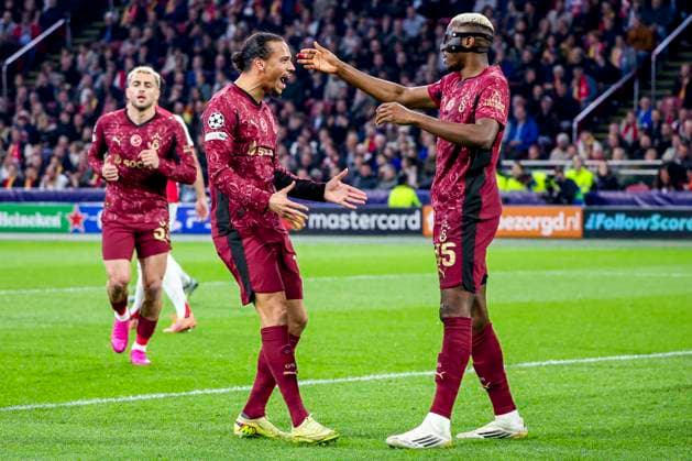 Victor Osimhen of Galatasaray celebrate their team s first goal with Leroy Sane of Galatasaray AFC Ajax v Galatasaray A.S., UEFA Champions League 2025 26 League Phase MD4, AFC Ajax v Galatasaray A.S., Johan Cruijff ArenA, November 5, 2025, Amsterdam, Netherlands.