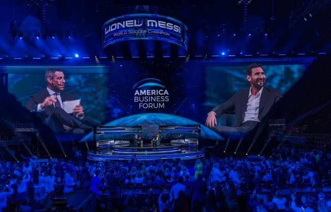 November 5, 2025, Fl, USA: City of Miami Mayor Francis Suarez interviews Lionel Messi, world soccer champion, during the America Business Forum, inaugural U.S. edition, taking place Nov. 5Ã¢â‚¬6 at the Kaseya Center in Miami, on Wednesday Nov. 5, 2025. USA - ZUMAm67_ 20251105_zaf_m67_019 Copyright: xPedroxPortalx