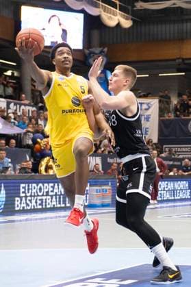 ENBL 2025 2026 Syntainics MBC vs Valmiera Glass Via Weissenfels, Germany 05 November 2025 In the picture from left Foster Marcus Weissenfels and Rinalds Malmanis Valmiera Weissenfels Stadthalle Sachsen Anhalt Germany