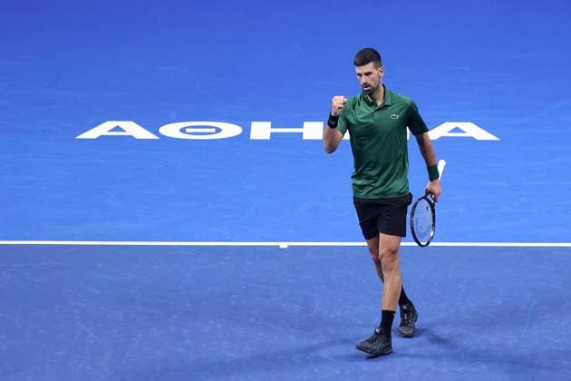 ATP, Tennis Herren 250 tournament in Athens ATHENS, GREECE - NOVEMBER 06: Novak Djokovic of Serbia celebrates during the Hellenic Championship ATP 250, at OAKA Olympic Athletic Center, in Athens, Greece, on November 6, 2025. Costas Baltas Anadolu Athens Greece. Editorial use only. Please get in touch for any other usage.  Copyright: x2025xAnadoluxCostasxBaltasx