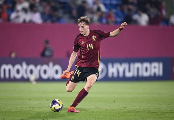 Football, Junior U 17 World Cup 2025 in Doha Qatar Preliminary round 06 11 2025 Group D Belgium Fiji Daan Braspenning Belgium on the ball