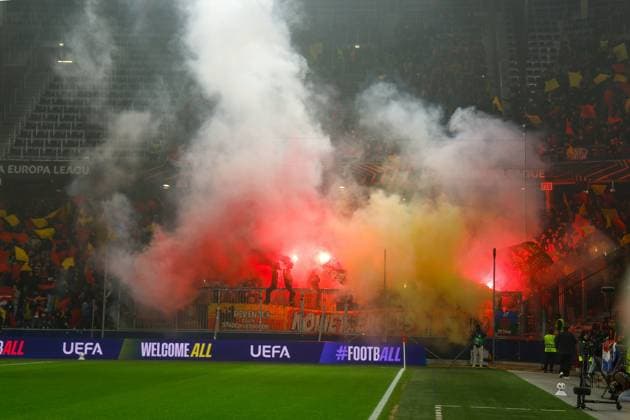 SALZBURG , 06-11-2025 , Red Bull Arena , season 2025 2026 , UEFA Europa League League phase . match between RB Salzburg and Go Ahead Eagles, Picture shows supporters of GA Eagles Salzburg - Go Ahead Eagles  x31889066x Copyright: