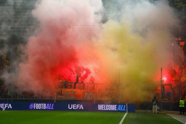 SALZBURG , 06-11-2025 , Red Bull Arena , season 2025 2026 , UEFA Europa League League phase . match between RB Salzburg and Go Ahead Eagles, Picture shows supporters of GA Eagles Salzburg - Go Ahead Eagles  x31889067x Copyright: