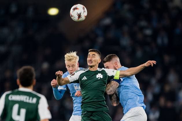 251106 Otto Rosengren and Pontus Jansson of Malmö FF against Filip Djurisic of Panathinaikos during the UEFA Europa League football match between Malmö FF and Panathinaikos on November 6, 2025 in Malmö Photo Petter Arvidson BILDBYRAN kod PA PA1108 fotboll football soccer fotball uefa europa league europa league malmö ff panathinaikos bbeng bbauto  Copyright: PETTERxARVIDSON BB251106PA044